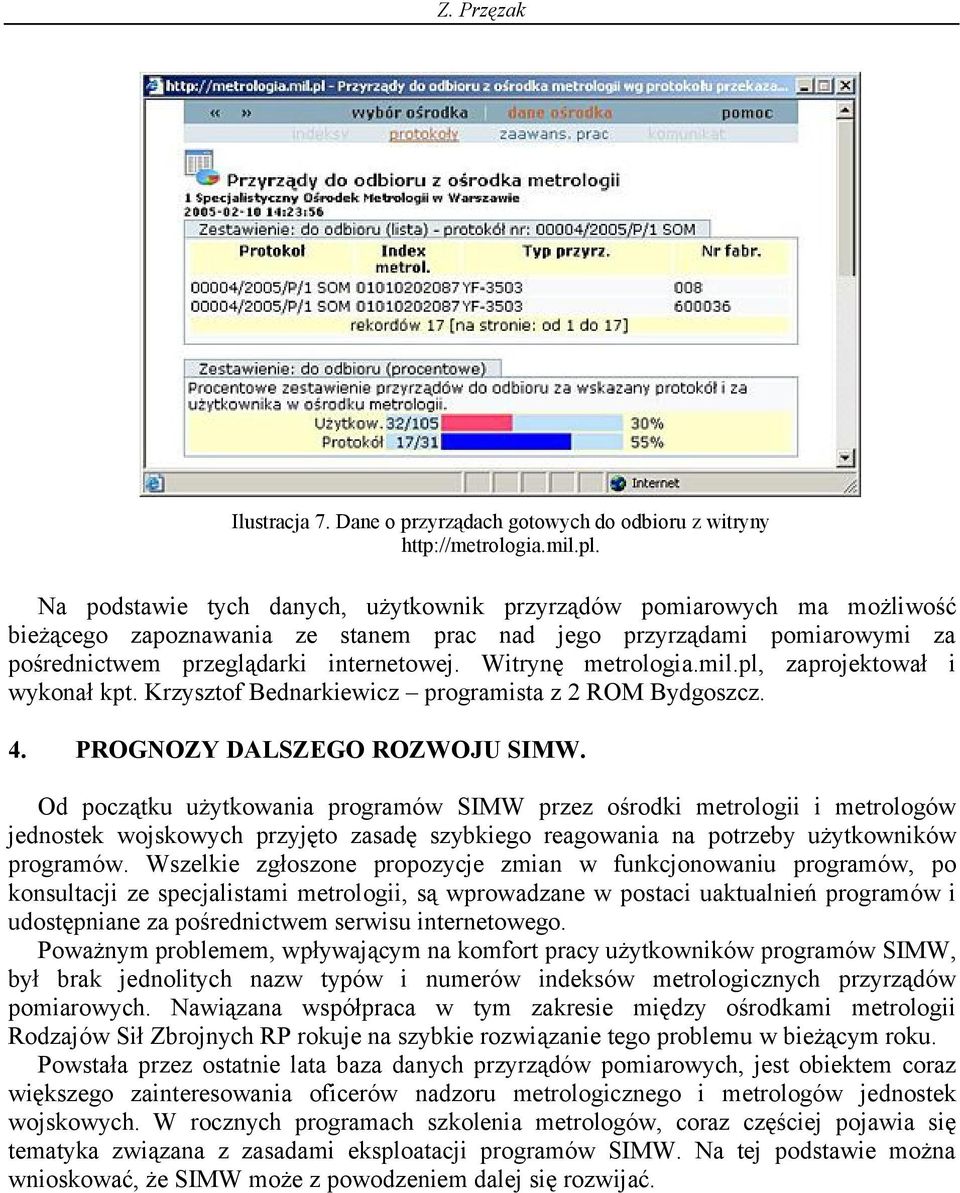 Witrynę metrologia.mil.pl, zaprojektował i wykonał kpt. Krzysztof Bednarkiewicz programista z 2 ROM Bydgoszcz. 4. PROGNOZY DALSZEGO ROZWOJU SIMW.