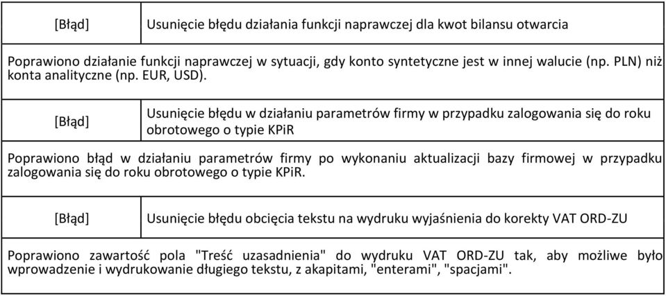 Usunięcie błędu w działaniu parametrów firmy w przypadku zalogowania się do roku obrotowego o typie KPiR Poprawiono błąd w działaniu parametrów firmy po wykonaniu aktualizacji