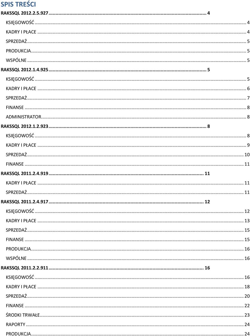 .. 11 RAKSSQL 2011.2.4.919... 11 KADRY I PŁACE... 11 SPRZEDAŻ... 11 RAKSSQL 2011.2.4.917... 12 KSIĘGOWOŚĆ... 12 KADRY I PŁACE... 13 SPRZEDAŻ... 15 FINANSE.