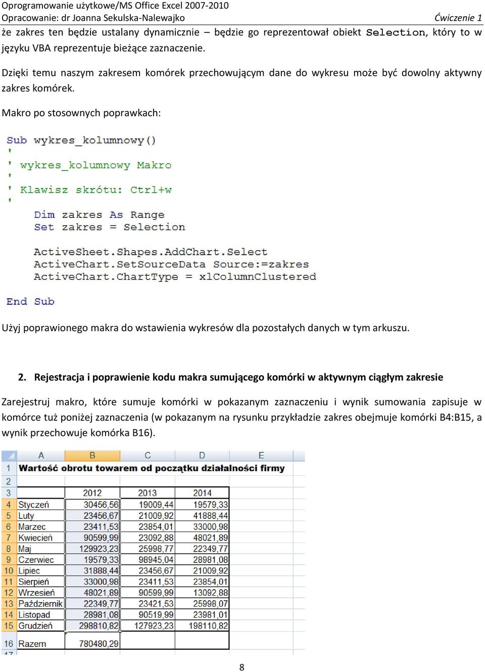 Makro po stosownych poprawkach: Użyj poprawionego makra do wstawienia wykresów dla pozostałych danych w tym arkuszu. 2.