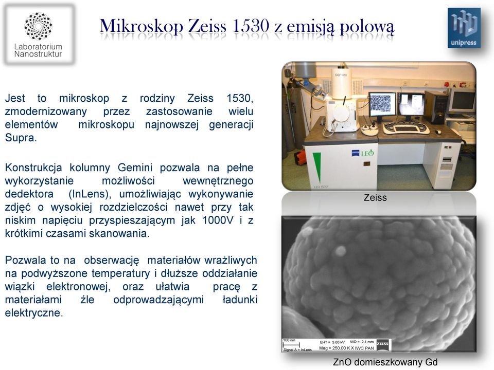 Konstrukcja kolumny Gemini pozwala na pełne wykorzystanie możliwości wewnętrznego dedektora (InLens), umożliwiając wykonywanie zdjęć o wysokiej rozdzielczości