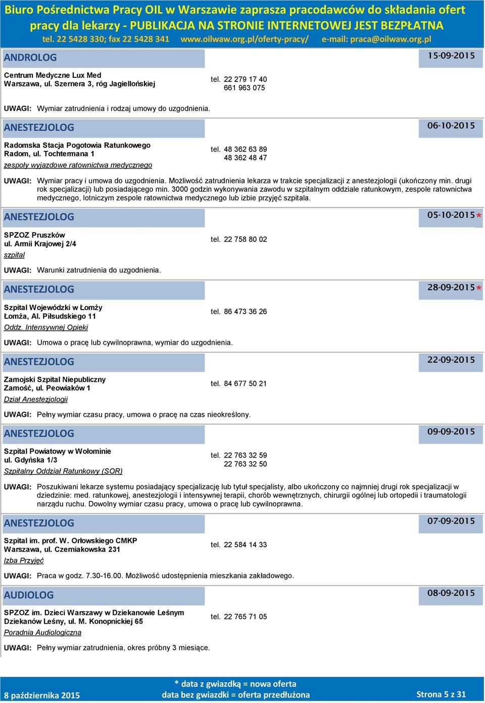 48 362 63 89 48 362 48 47 UWAGI: Wymiar pracy i umowa do uzgodnienia. Możliwość zatrudnienia lekarza w trakcie specjalizacji z anestezjologii (ukończony min.