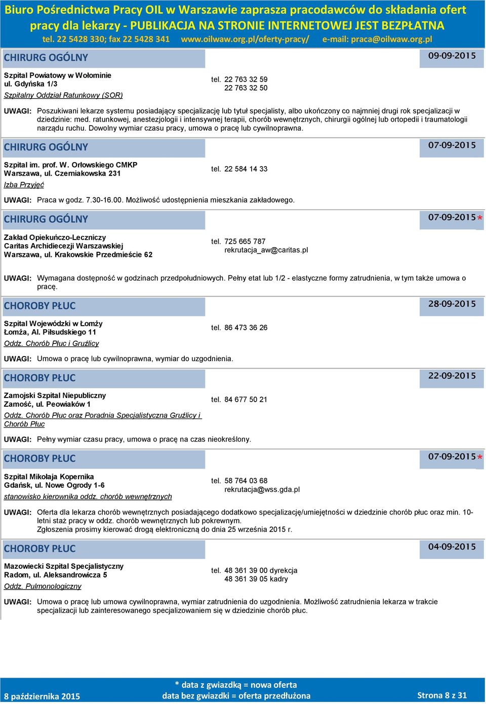 ratunkowej, anestezjologii i intensywnej terapii, chorób wewnętrznych, chirurgii ogólnej lub ortopedii i traumatologii narządu ruchu. Dowolny wymiar czasu pracy, umowa o pracę lub cywilnoprawna.