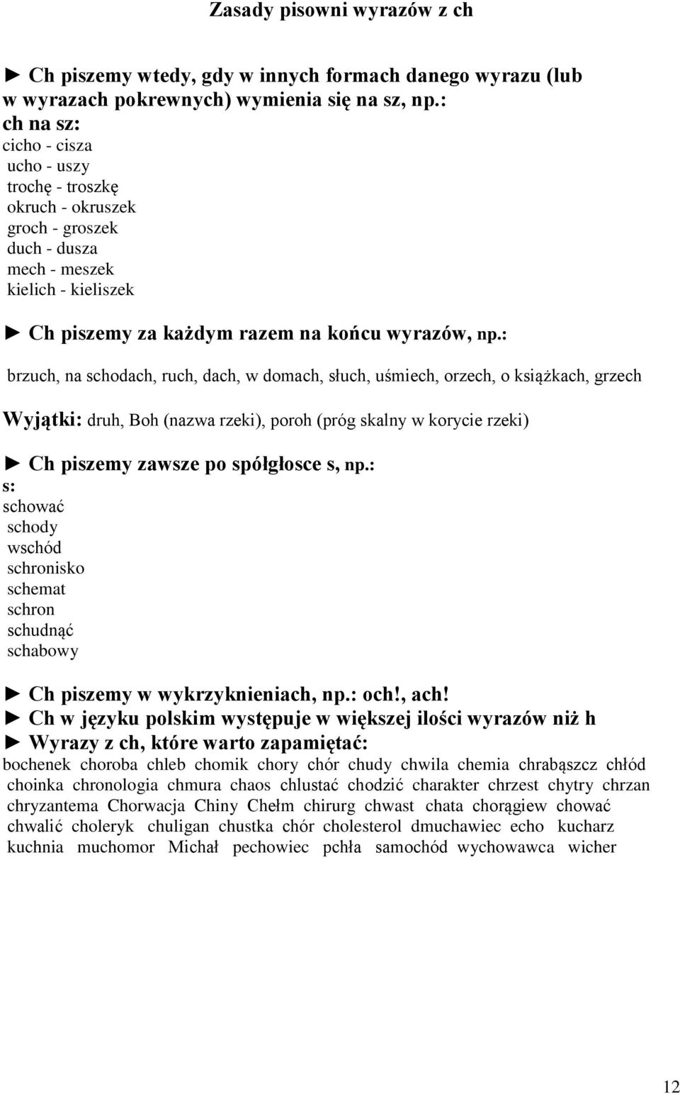 : brzuch, na schodach, ruch, dach, w domach, słuch, uśmiech, orzech, o książkach, grzech Wyjątki: druh, Boh (nazwa rzeki), poroh (próg skalny w korycie rzeki) Ch piszemy zawsze po spółgłosce s, np.