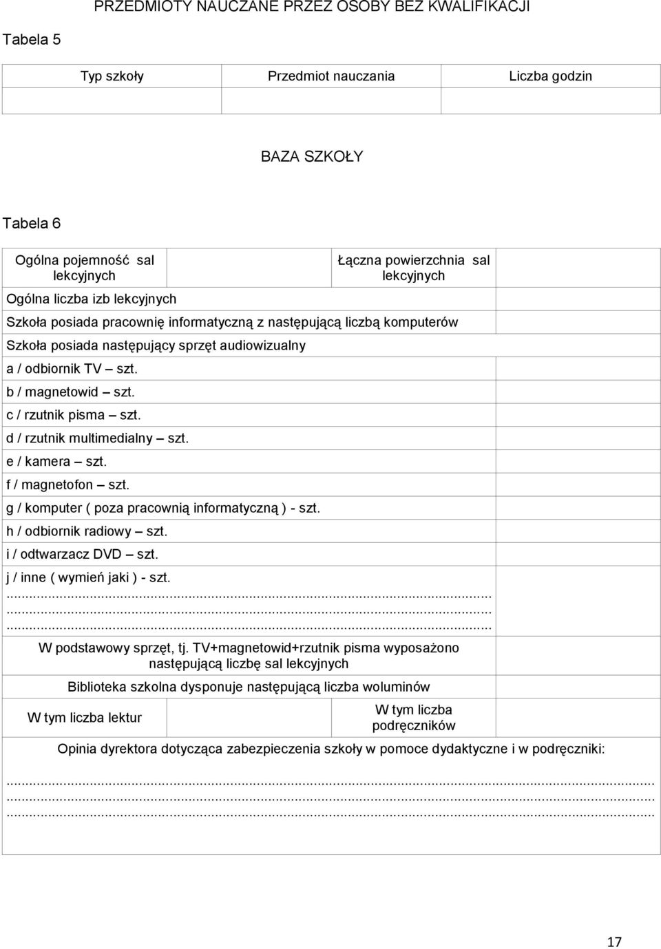 d / rzutnik multimedialny szt. e / kamera szt. f / magnetofon szt. g / komputer ( poza pracownią informatyczną ) - szt. h / odbiornik radiowy szt. i / odtwarzacz DVD szt.