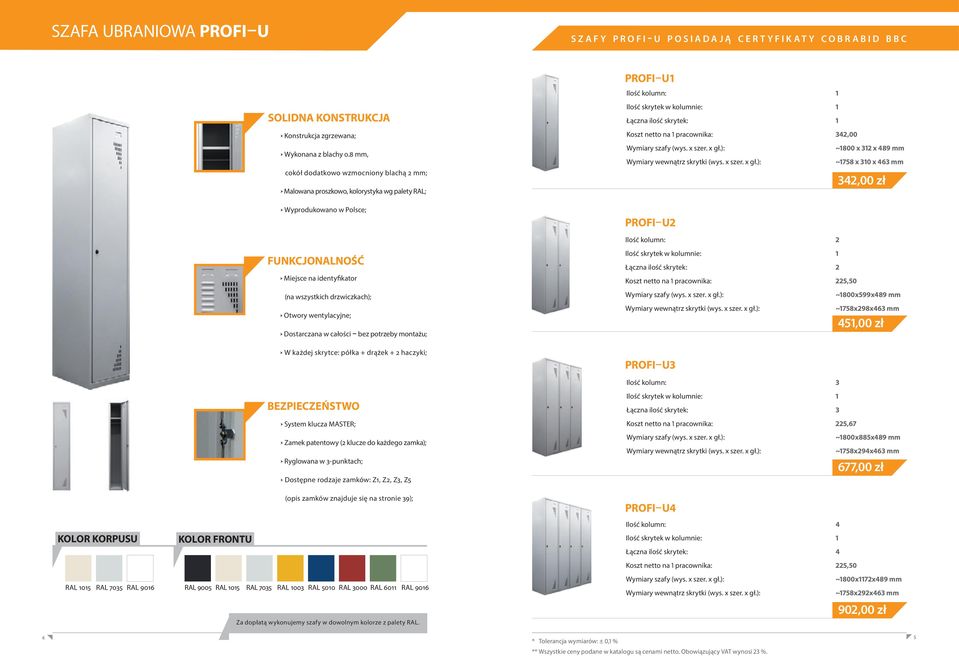 na 1 pracownika: 225,50 ~1800x599x489 mm ~1758x298x463 mm 451,00 zł PROFI U3 Ilość kolumn: 3 Ryglowana w 3-punktach; Dostępne rodzaje zamków: Z1, Z2, Z3, Z5 Ilość skrytek w kolumnie: 1 Łączna ilość