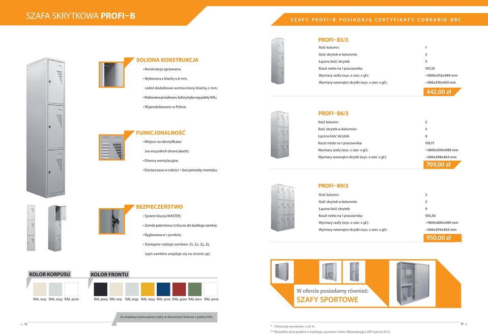 netto na 1 pracownika: 118,17 ~1800x599x489 mm ~586x298x463 mm 709,00 zł PROFI B9/3 Ilość kolumn: 3 Ryglowana w 1 punkcie; Dostępne rodzaje zamków: Z1, Z2, Z3, Z5 Ilość