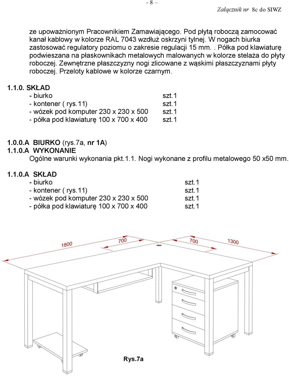 Zewnętrzne płaszczyzny nogi zlicowane z wąskimi płaszczyznami płyty roboczej. Przeloty kablowe w kolorze czarnym. 1.1.0. SKŁAD - biurko szt.1 - kontener ( rys.11) szt.