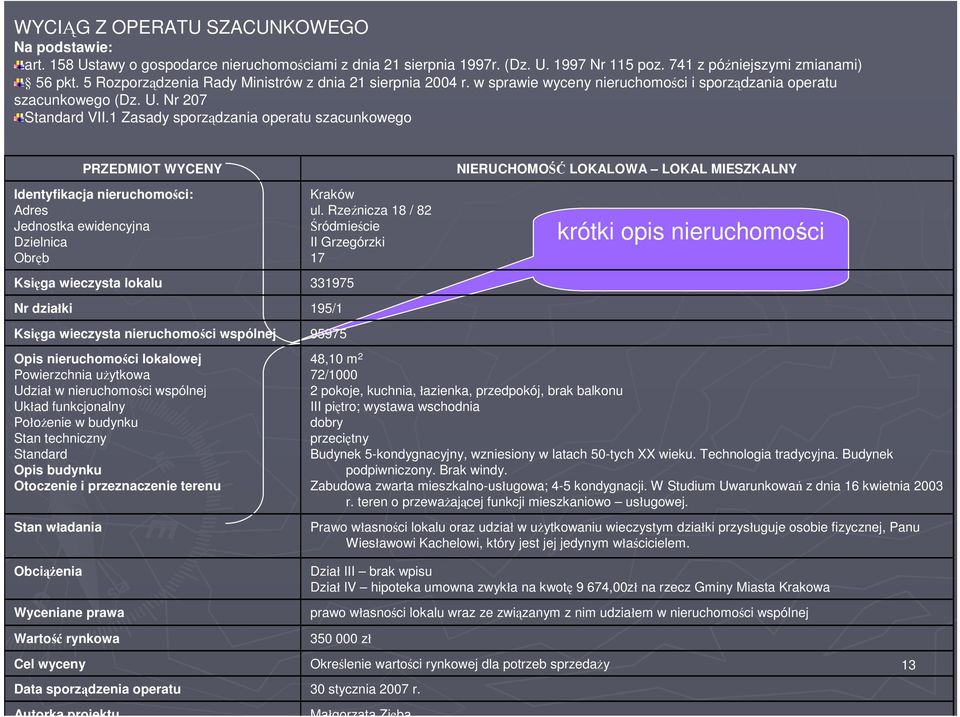 1 Zasady sporządzania operatu szacunkowego Nr działki Stan władania Obciążenia Wyceniane prawa PRZEDMIOT WYCENY Identyfikacja nieruchomości: Adres Jednostka ewidencyjna Dzielnica Obręb Księga