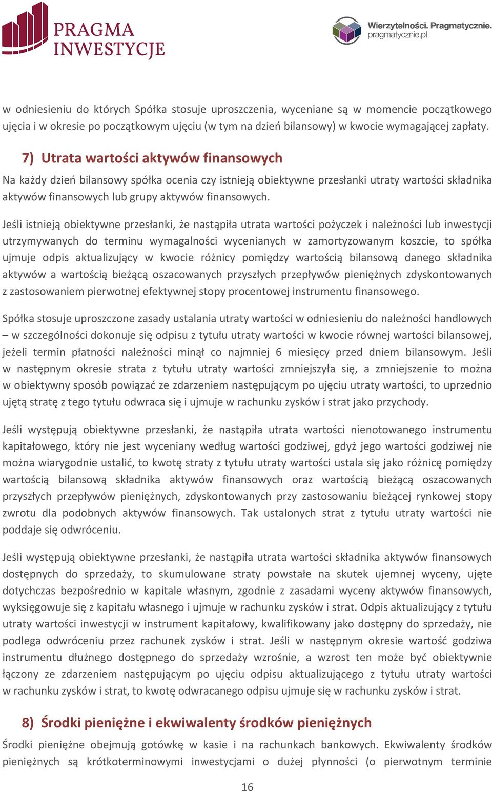 Jeśli istnieją obiektywne przesłanki, że nastąpiła utrata wartości pożyczek i należności lub inwestycji utrzymywanych do terminu wymagalności wycenianych w zamortyzowanym koszcie, to spółka ujmuje