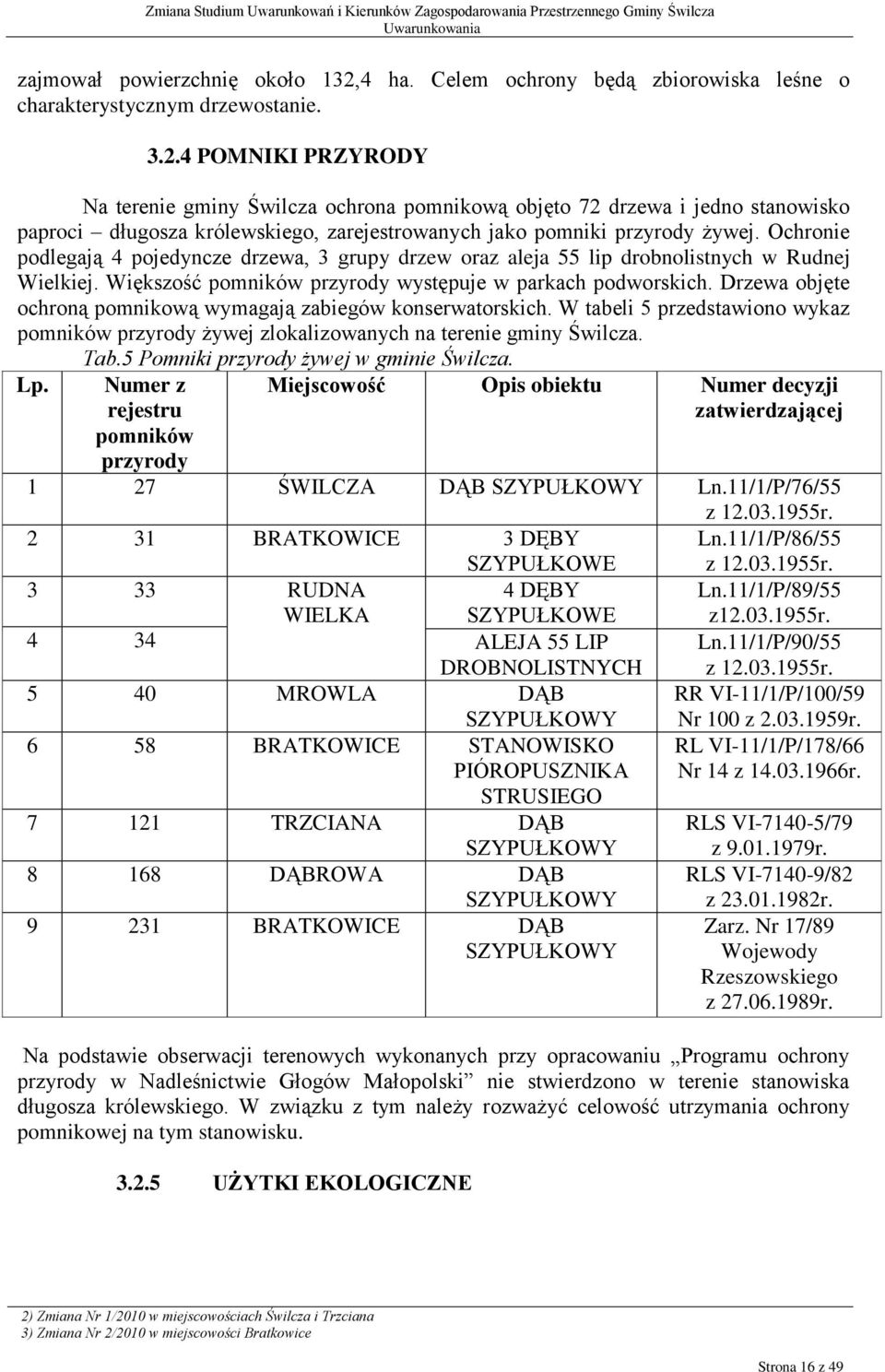 4 POMNIKI PRZYRODY Na terenie gminy Świlcza ochrona pomnikową objęto 72 drzewa i jedno stanowisko paproci długosza królewskiego, zarejestrowanych jako pomniki przyrody żywej.