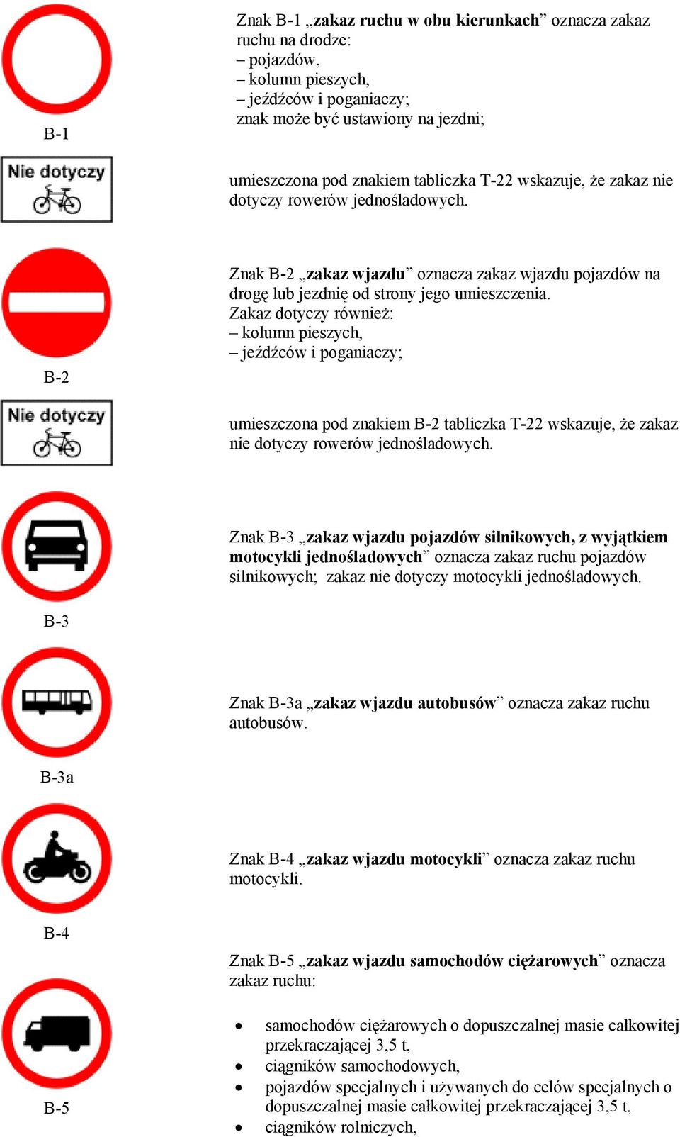 Zakaz dotyczy również: kolumn pieszych, jeźdźców i poganiaczy; umieszczona pod znakiem B-2 tabliczka T-22 wskazuje, że zakaz nie dotyczy rowerów jednośladowych.