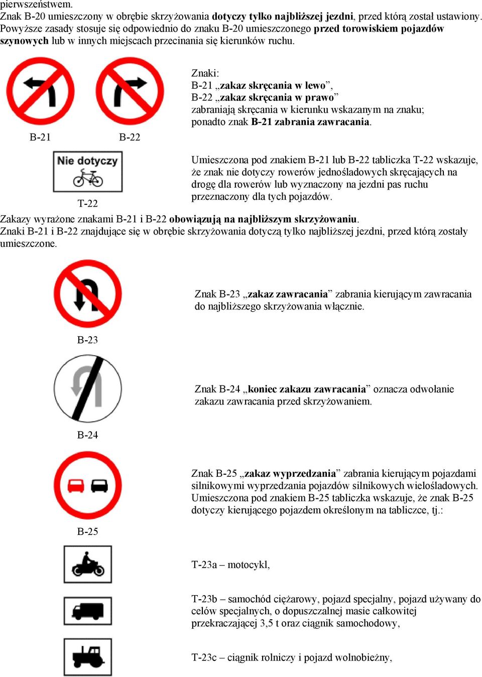 B-21 B-22 Znaki: B-21 zakaz skręcania w lewo, B-22 zakaz skręcania w prawo zabraniają skręcania w kierunku wskazanym na znaku; ponadto znak B-21 zabrania zawracania.