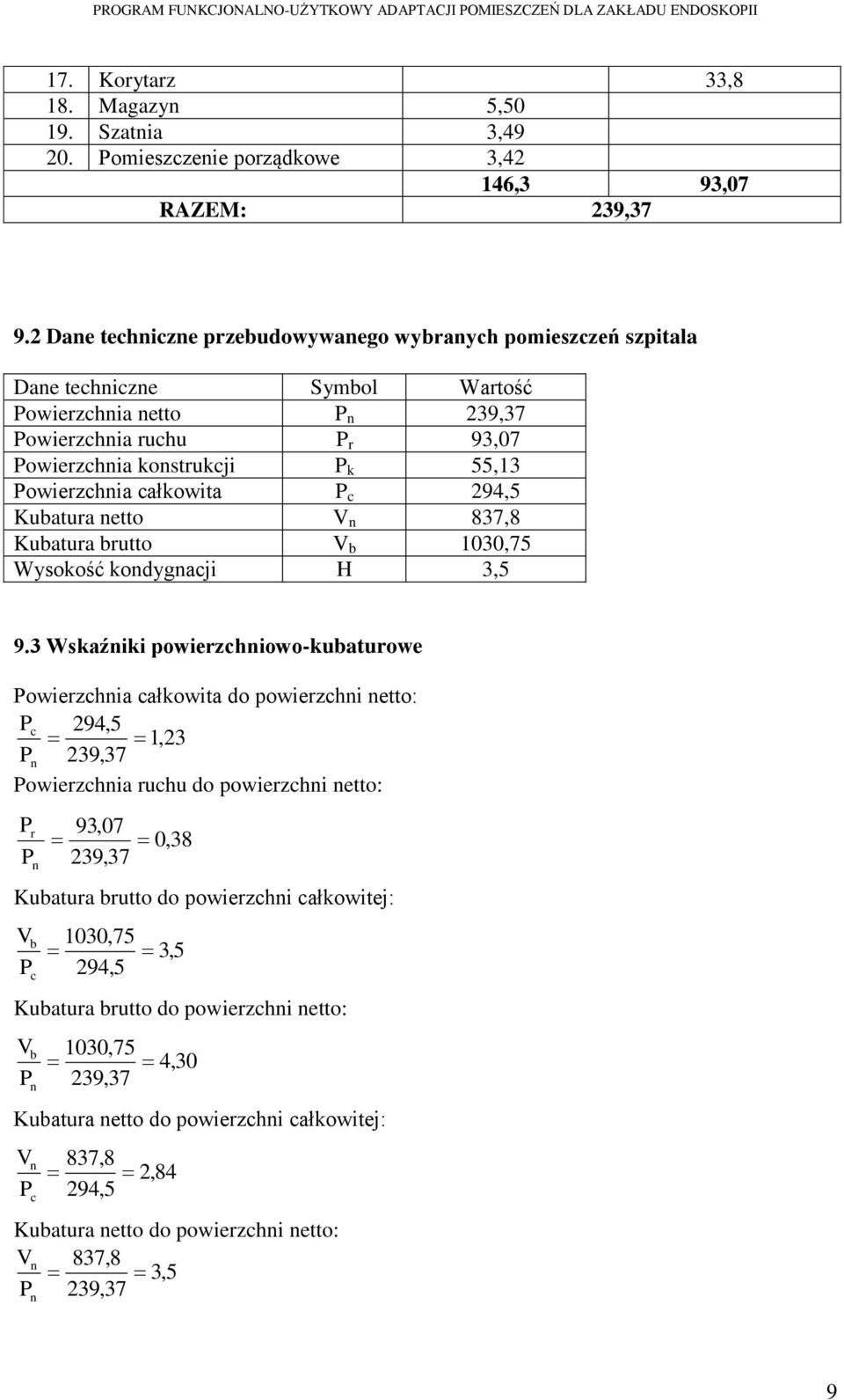 Powierzchnia całkowita P c 294,5 Kubatura netto V n 837,8 Kubatura brutto V b 1030,75 Wysokość kondygnacji H 3,5 9.