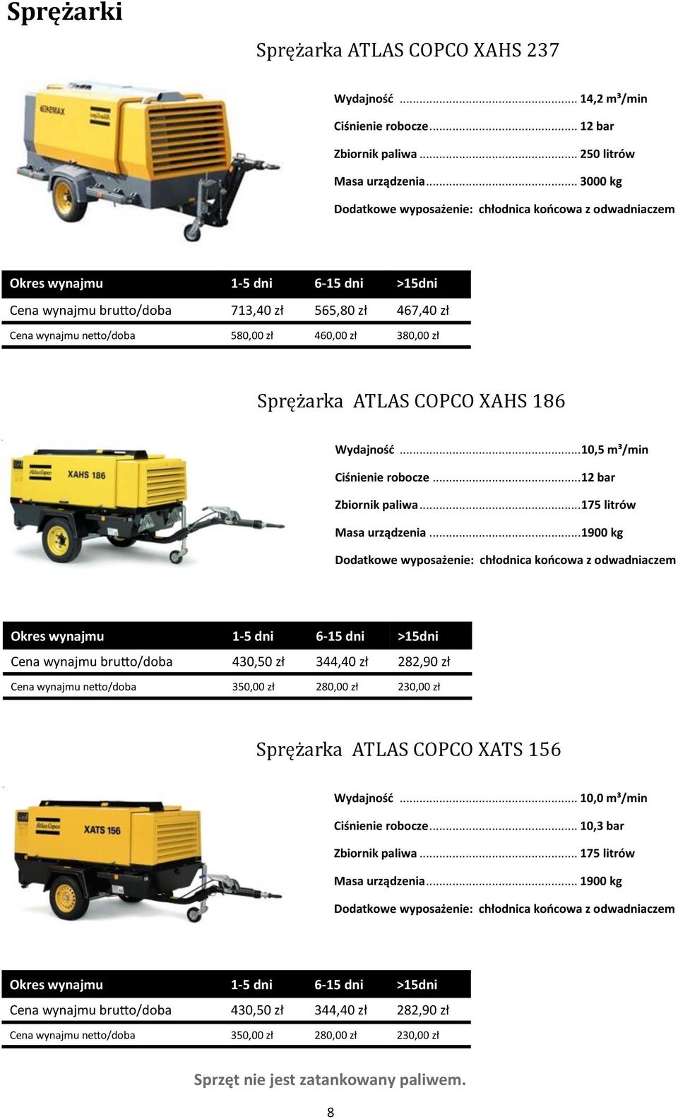 XAHS 186 Wydajność... 10,5 m³/min Ciśnienie robocze... 12 bar Zbiornik paliwa... 175 litrów Masa urządzenia.