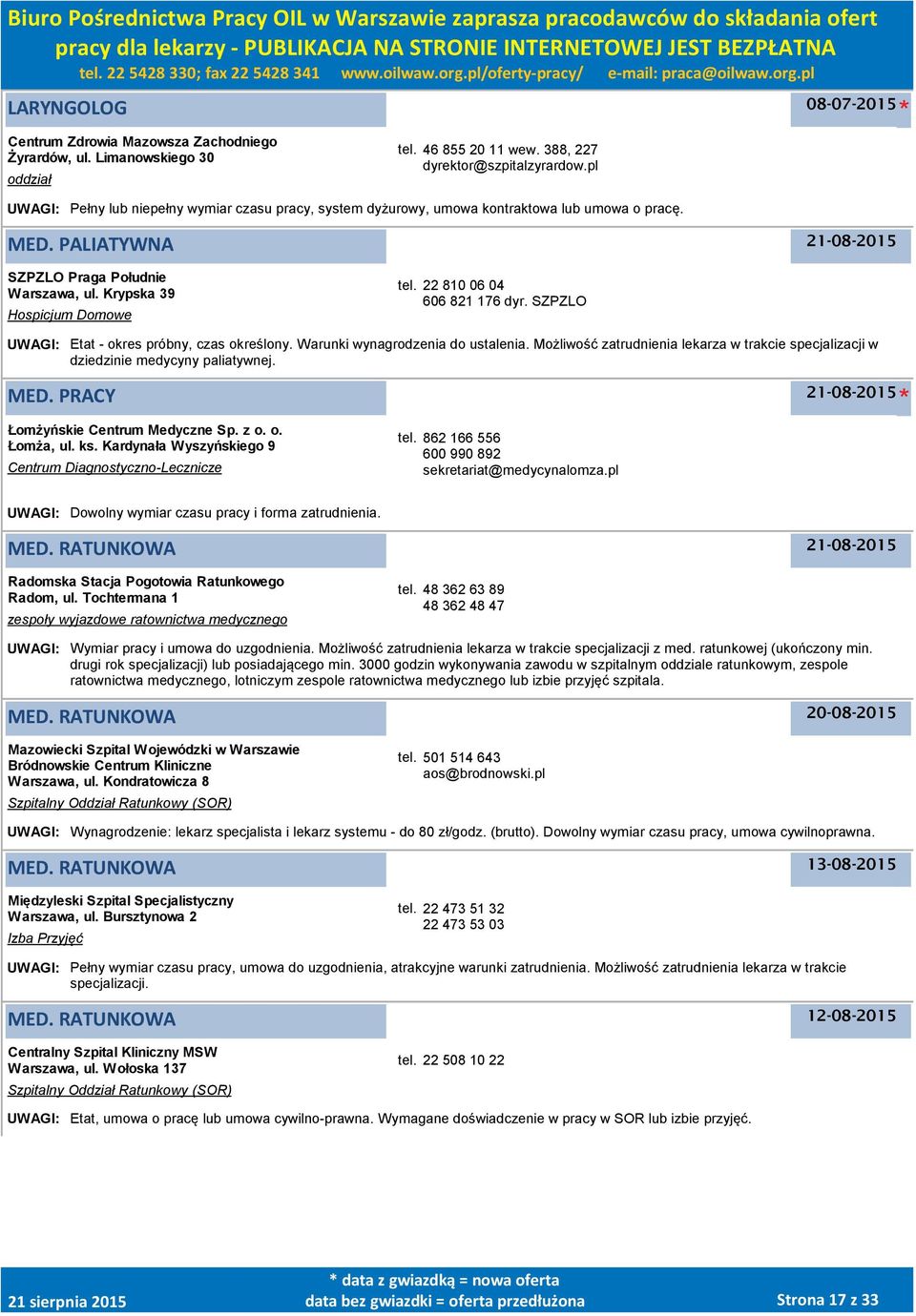 22 810 06 04 606 821 176 dyr. SZPZLO UWAGI: Etat - okres próbny, czas określony. Warunki wynagrodzenia do ustalenia.