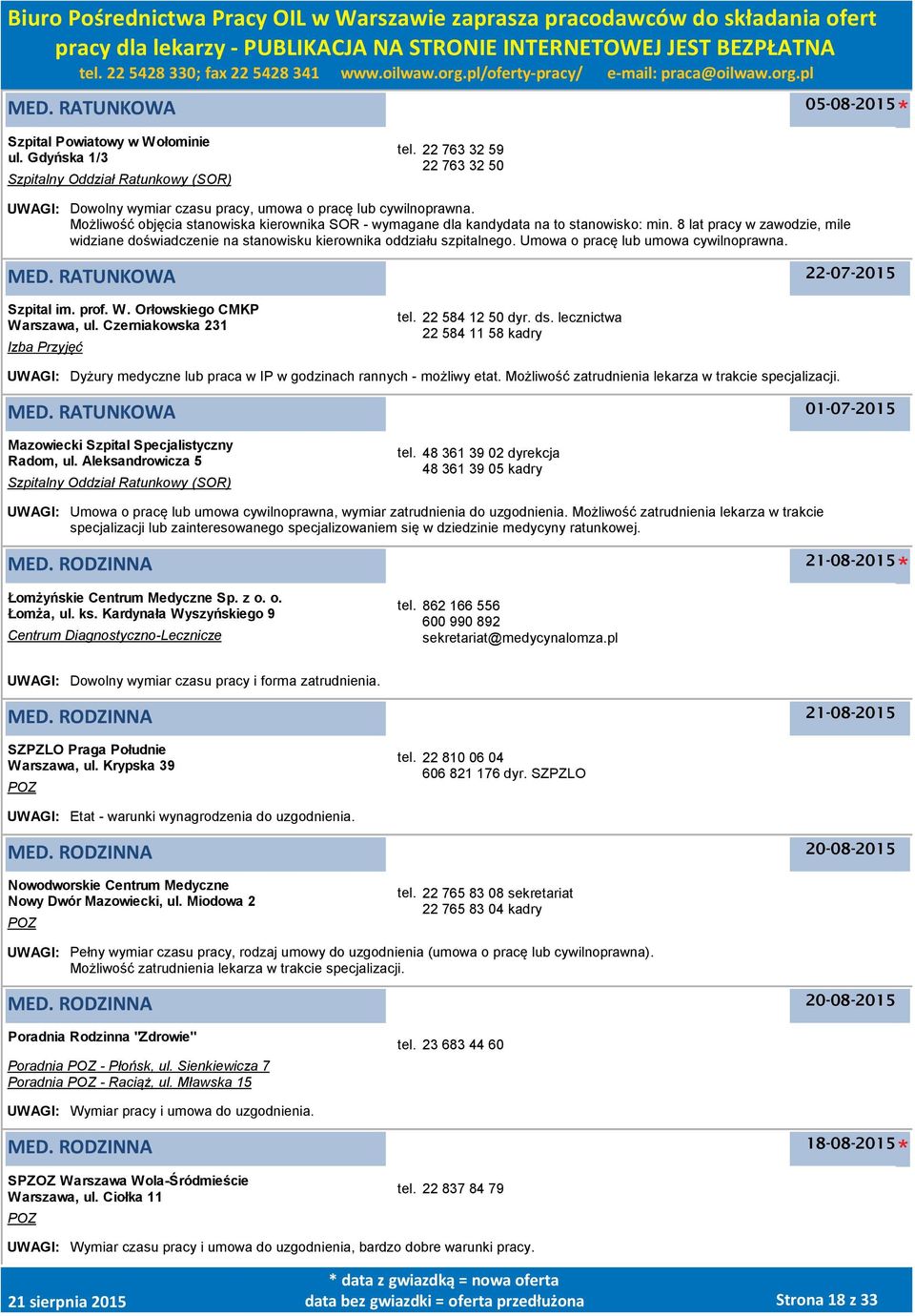 Umowa o pracę lub umowa cywilnoprawna. MED. RATUNKOWA 22-07-2015 Szpital im. prof. W. Orłowskiego CMKP, ul. Czerniakowska 231 Izba Przyjęć tel. 22 584 12 50 dyr. ds.