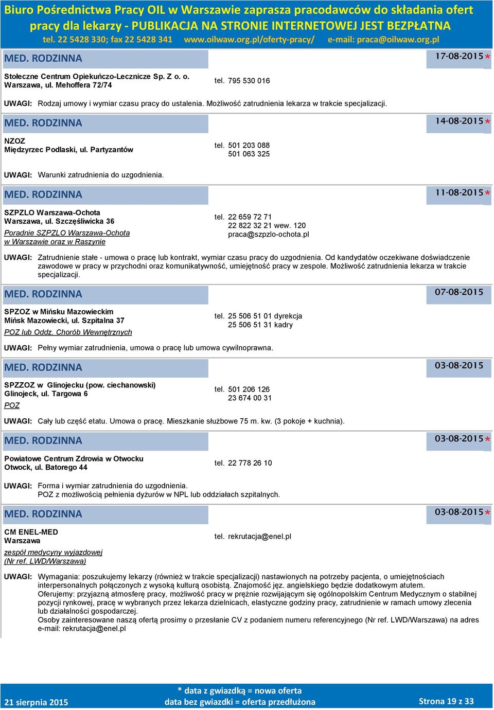 11-08-2015 SZPZLO -Ochota, ul. Szczęśliwicka 36 Poradnie SZPZLO -Ochota w Warszawie oraz w Raszynie tel. 22 659 72 71 22 822 32 21 wew. 120 praca@szpzlo-ochota.