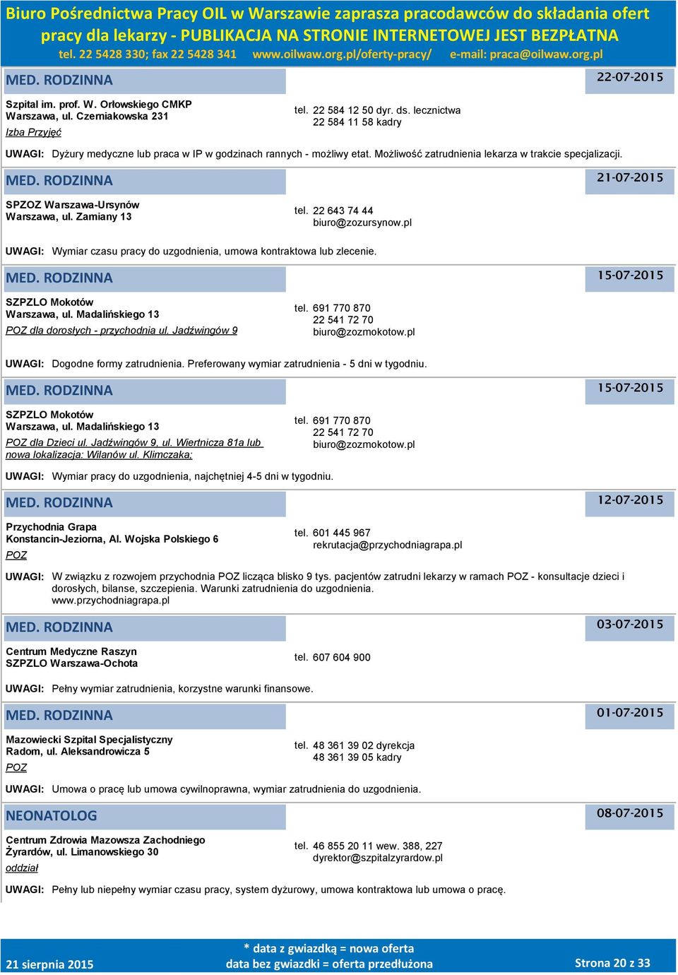 Zamiany 13 tel. 22 643 74 44 biuro@zozursynow.pl UWAGI: Wymiar czasu pracy do uzgodnienia, umowa kontraktowa lub zlecenie. 15-07-2015 SZPZLO Mokotów, ul.