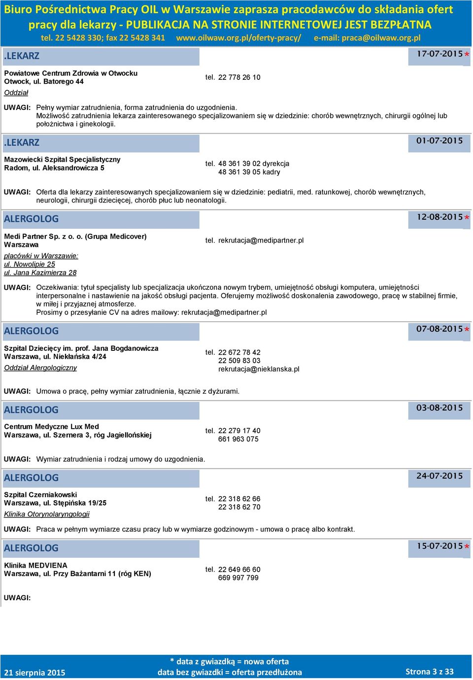 .lekarz 01-07-2015 Mazowiecki Szpital Specjalistyczny Radom, ul. Aleksandrowicza 5 tel.