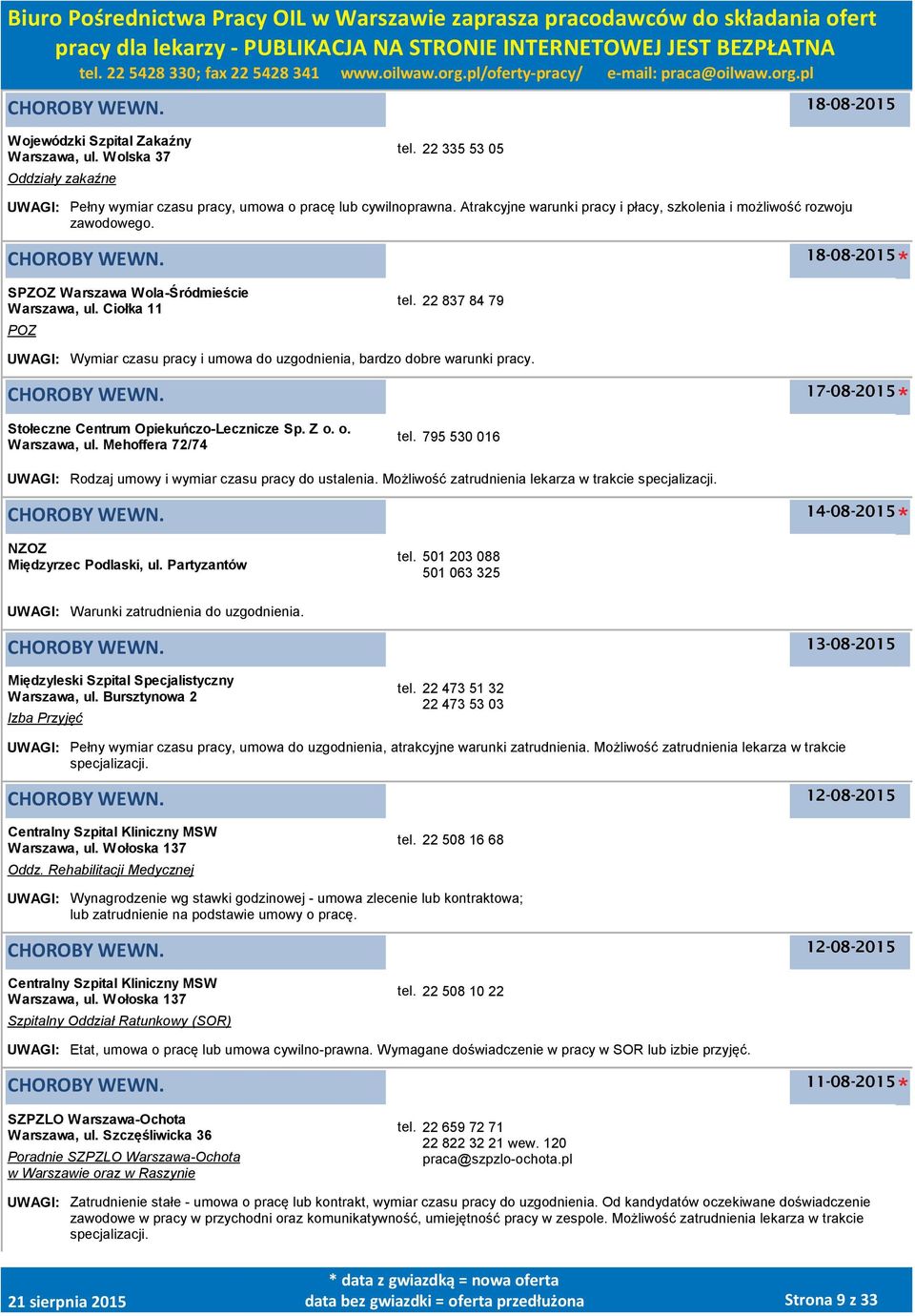 22 837 84 79 UWAGI: Wymiar czasu pracy i umowa do uzgodnienia, bardzo dobre warunki pracy. 17-08-2015 Stołeczne Centrum Opiekuńczo-Lecznicze Sp. Z o. o., ul. Mehoffera 72/74 tel.