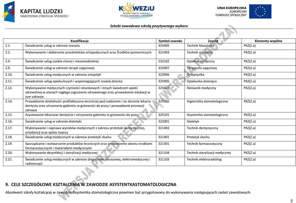 a) Z.9. Świadczenie usług w zakresie terapii zajęciowej 325907 Terapeuta zajęciowy KZ(Z.a) Z.10. Świadczenie usług medycznych w zakresie ortoptyki 325906 Ortoptystka KZ(Z.a) Z.11.