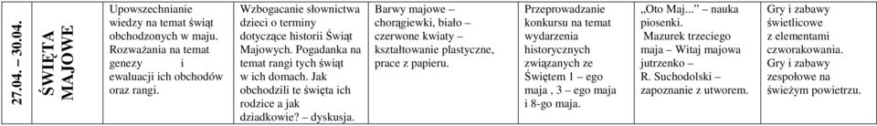 dyskusja. Barwy majowe chorągiewki, biało czerwone kwiaty kształtowanie plastyczne, prace z papieru.