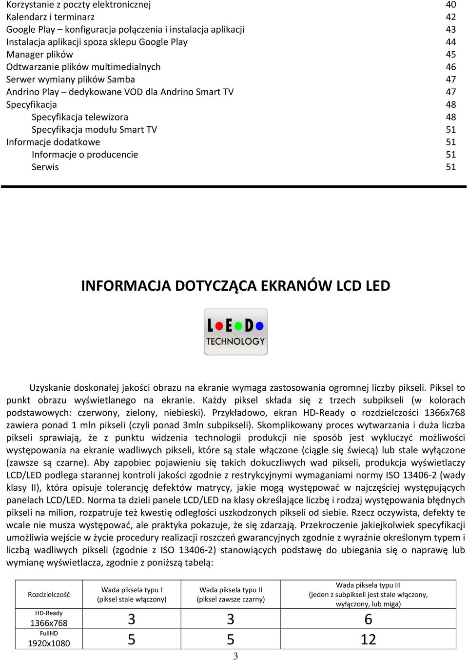 Informacje dodatkowe 51 Informacje o producencie 51 Serwis 51 INFORMACJA DOTYCZĄCA EKRANÓW LCD LED Uzyskanie doskonałej jakości obrazu na ekranie wymaga zastosowania ogromnej liczby pikseli.