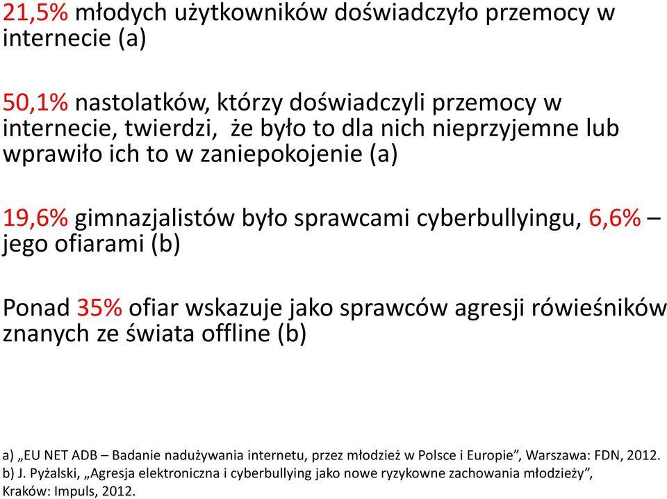 ofiar wskazuje jako sprawców agresji rówieśników znanych ze świata offline (b) a) EU NET ADB Badanie nadużywania internetu, przez młodzież w Polsce