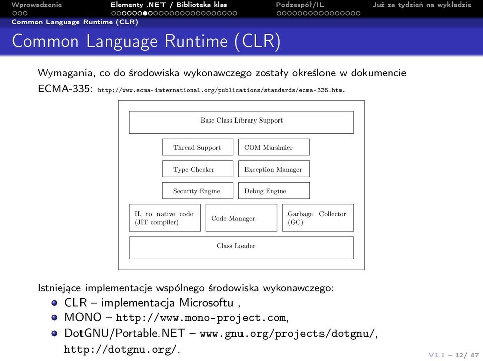 Base Class Library Support Thread Support COM Marshaler Type Checker Exception Manager Security Engine Debug Engine IL to native code (JIT compiler) Code