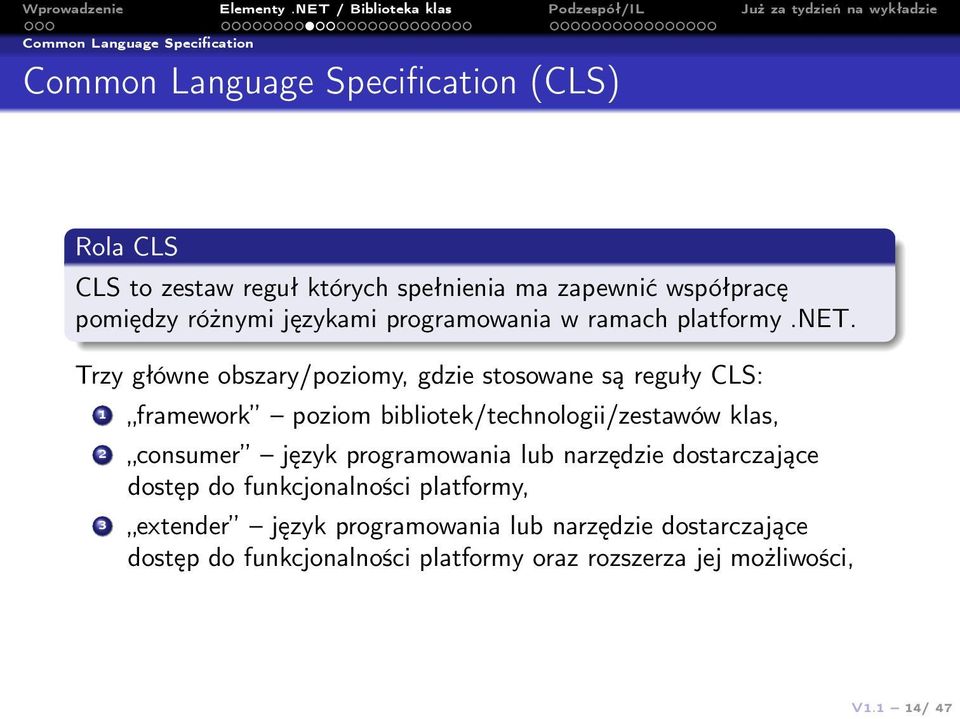 Trzy główne obszary/poziomy, gdzie stosowane są reguły CLS: 1 framework poziom bibliotek/technologii/zestawów klas, 2 consumer język