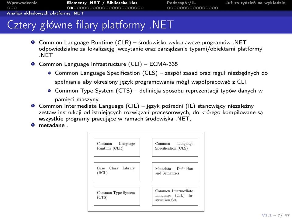 net Common Language Infrastructure (CLI) ECMA-335 Common Language Specification (CLS) zespół zasad oraz reguł niezbędnych do spełniania aby określony język programowania mógł współpracować z CLI.