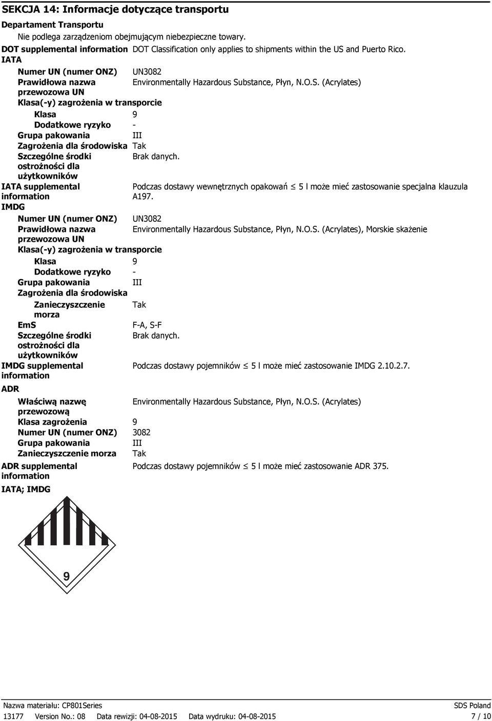 O.S. (Acrylates) przewozowa UN Klasa(y) zagrożenia w transporcie Klasa 9 Dodatkowe ryzyko Grupa pakowania III Zagrożenia dla środowiska Tak Szczególne środki ostrożności dla użytkowników IATA