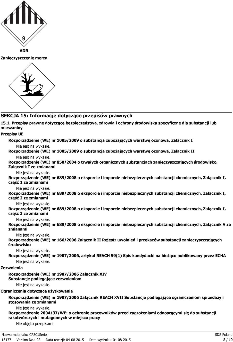 .1. Przepisy prawne dotyczące bezpieczeństwa, zdrowia i ochrony środowiska specyficzne dla substancji lub mieszaniny Przepisy UE Rozporządzenie (WE) nr 1005/2009 o substancja zubożających warstwę