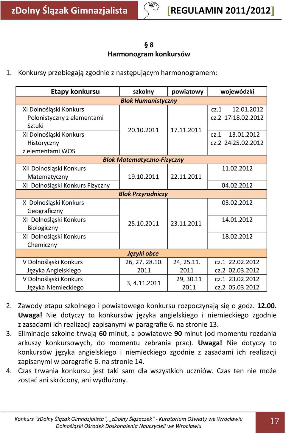 2012 XI Dolnośląski Konkurs Polonistyczny z elementami Sztuki XI Dolnośląski Konkurs 20.10.2011 17.11.2011 Historyczny z elementami WOS Blok Matematyczno-Fizyczny XII Dolnośląski Konkurs Matematyczny 19.