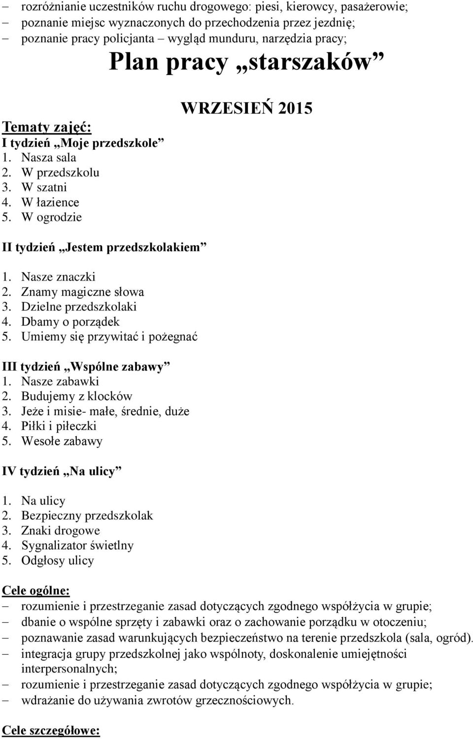 Znamy magiczne słowa 3. Dzielne przedszkolaki 4. Dbamy o porządek 5. Umiemy się przywitać i pożegnać III tydzień Wspólne zabawy 1. Nasze zabawki 2. Budujemy z klocków 3.