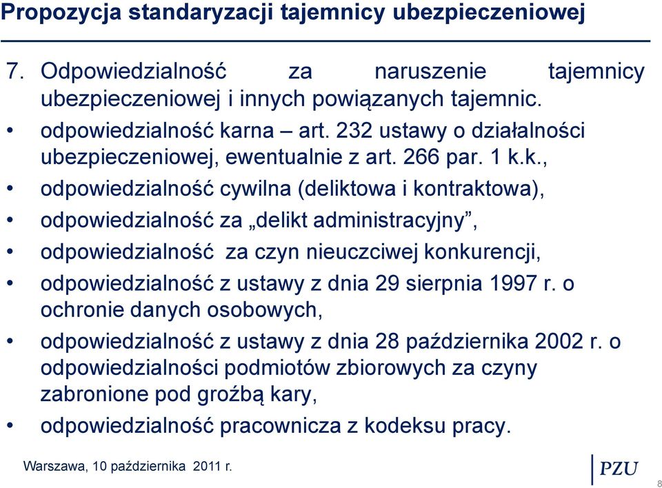 k., odpowiedzialność cywilna (deliktowa i kontraktowa), odpowiedzialność za delikt administracyjny, odpowiedzialność za czyn nieuczciwej konkurencji,