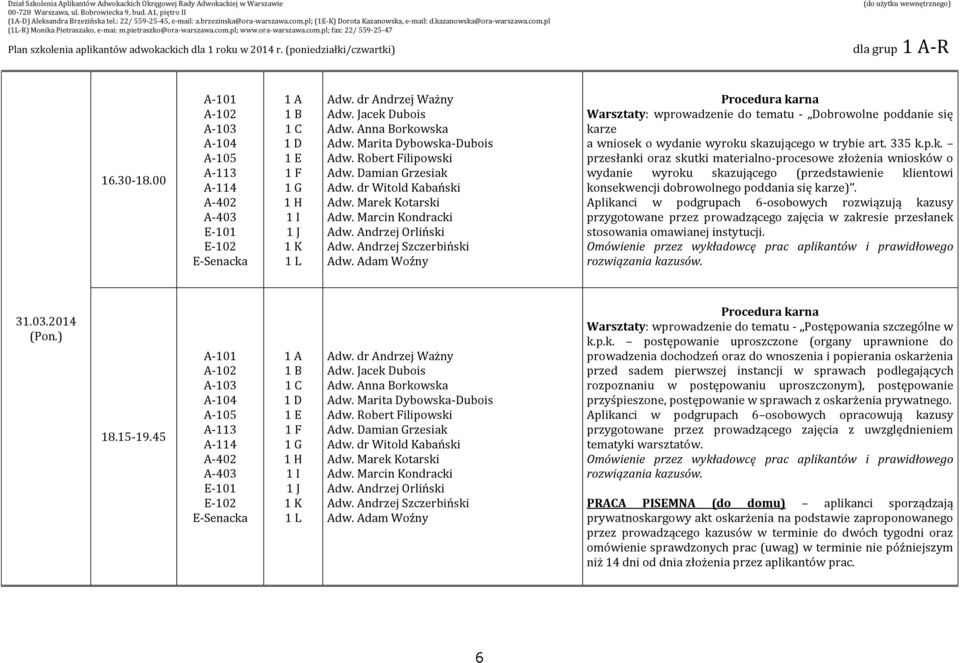 Aplikanci w podgrupach 6-osobowych rozwiązują kazusy przygotowane przez prowadzącego zajęcia w zakresie przesłanek stosowania omawianej instytucji. 31.03.2014 18.15-19.45 Adw. dr Andrzej Ważny Adw.