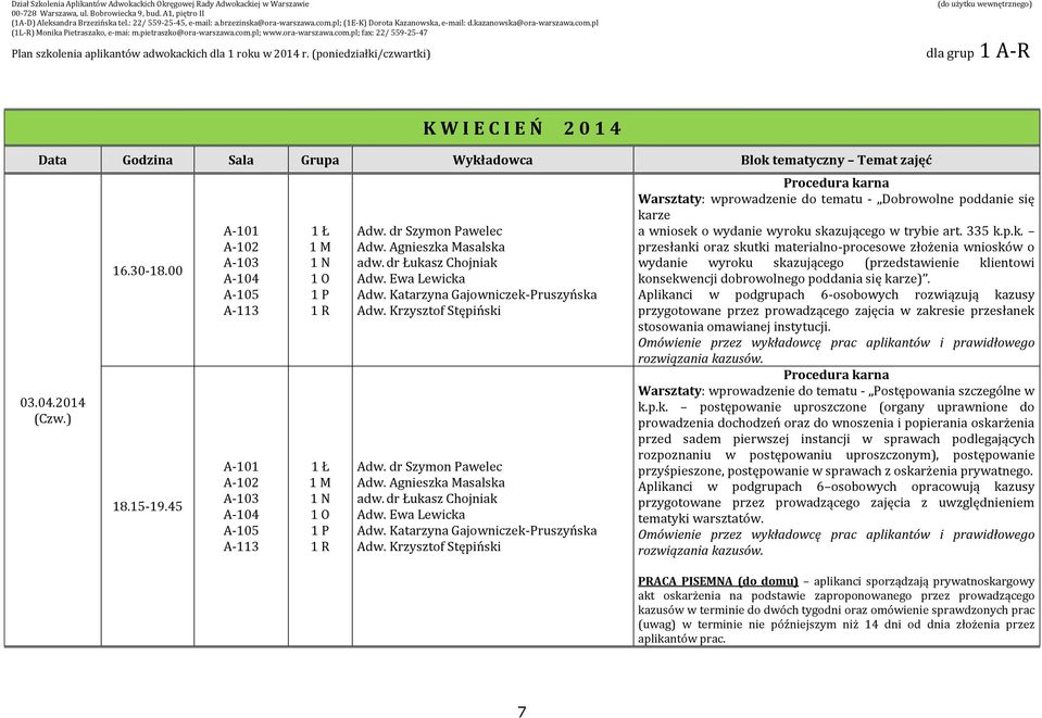 Aplikanci w podgrupach 6-osobowych rozwiązują kazusy przygotowane przez prowadzącego zajęcia w zakresie przesłanek stosowania omawianej instytucji.