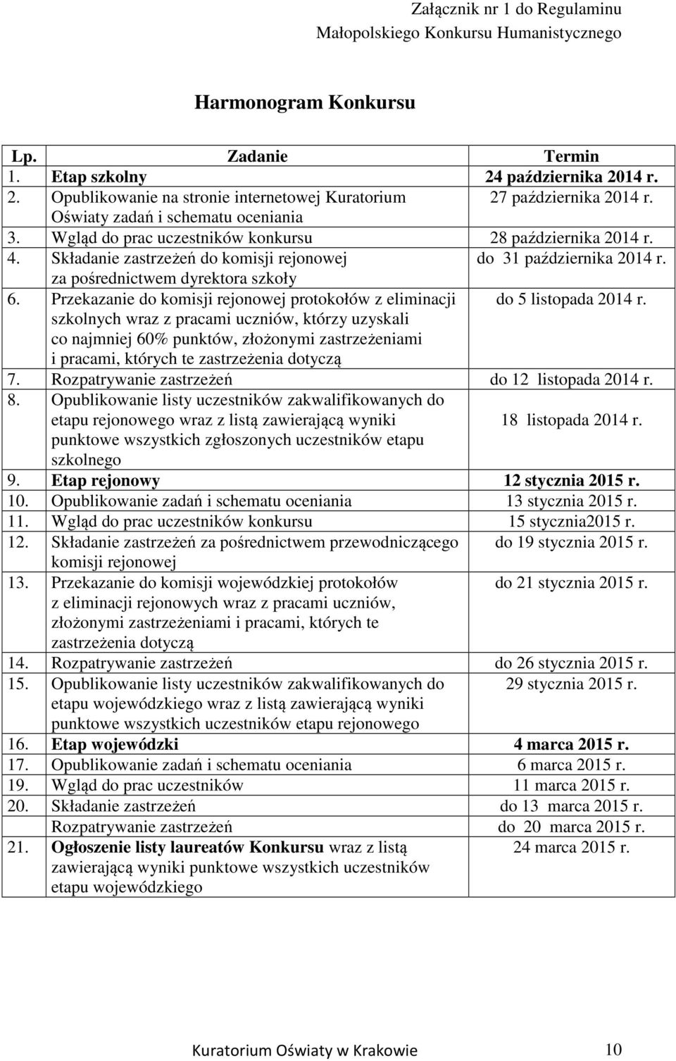 za pośrednictwem dyrektora szkoły 6. Przekazanie do komisji rejonowej protokołów z eliminacji do 5 listopada 2014 r.