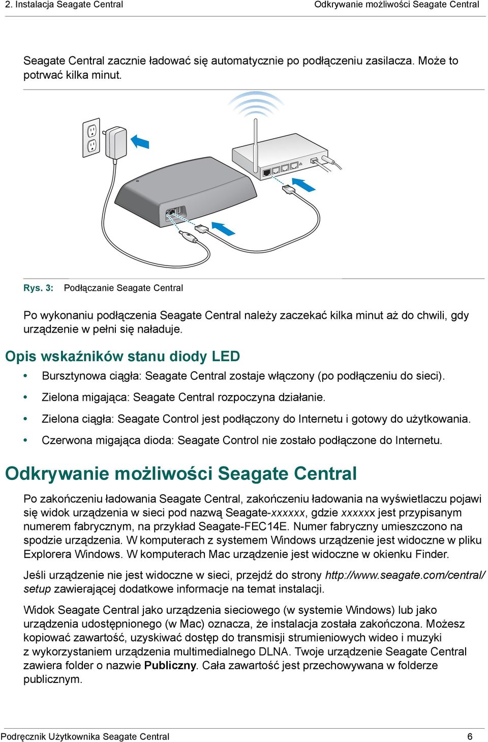 Opis wskaźników stanu diody LED Bursztynowa ciągła: Seagate Central zostaje włączony (po podłączeniu do sieci). Zielona migająca: Seagate Central rozpoczyna działanie.