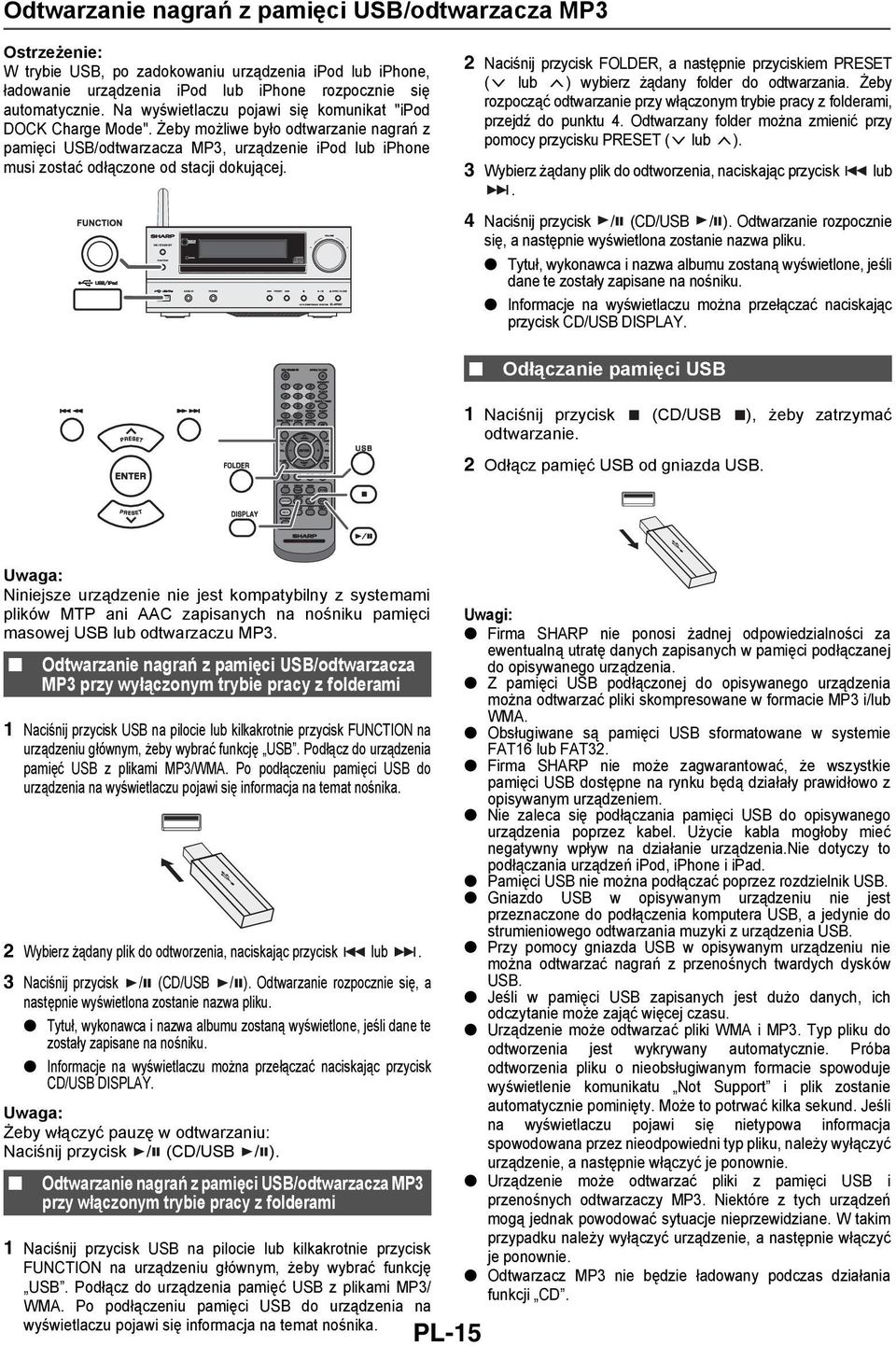 2 Naciśnij przycisk FOLDER, a następnie przyciskiem PRESET ( lub ) wybierz żądany folder do odtwarzania. Żeby rozpocząć odtwarzanie przy włączonym trybie pracy z folderami, przejdź do punktu 4.