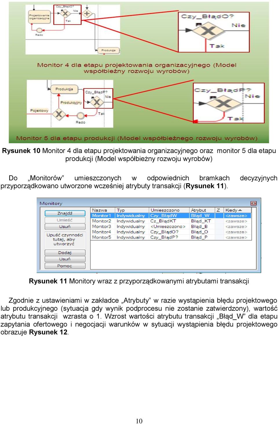 Rysunek 11 Monitory wraz z przyporządkowanymi atrybutami transakcji Zgodnie z ustawieniami w zakładce Atrybuty w razie wystąpienia błędu projektowego lub produkcyjnego