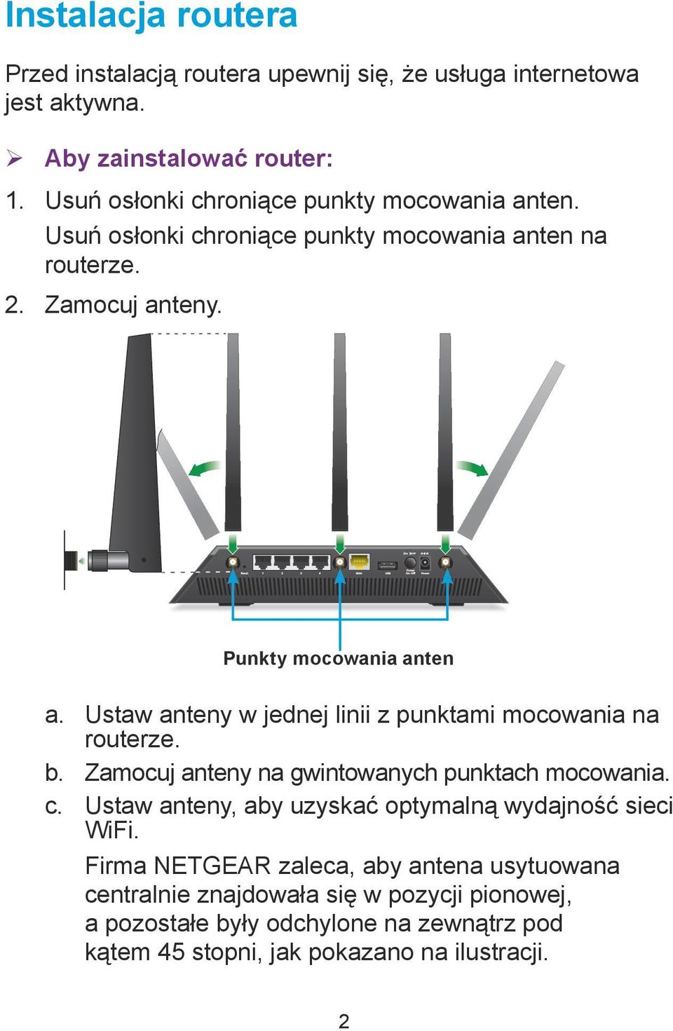 Ustaw anteny w jednej linii z punktami mocowania na routerze. b. Zamocuj anteny na gwintowanych punktach mocowania. c.