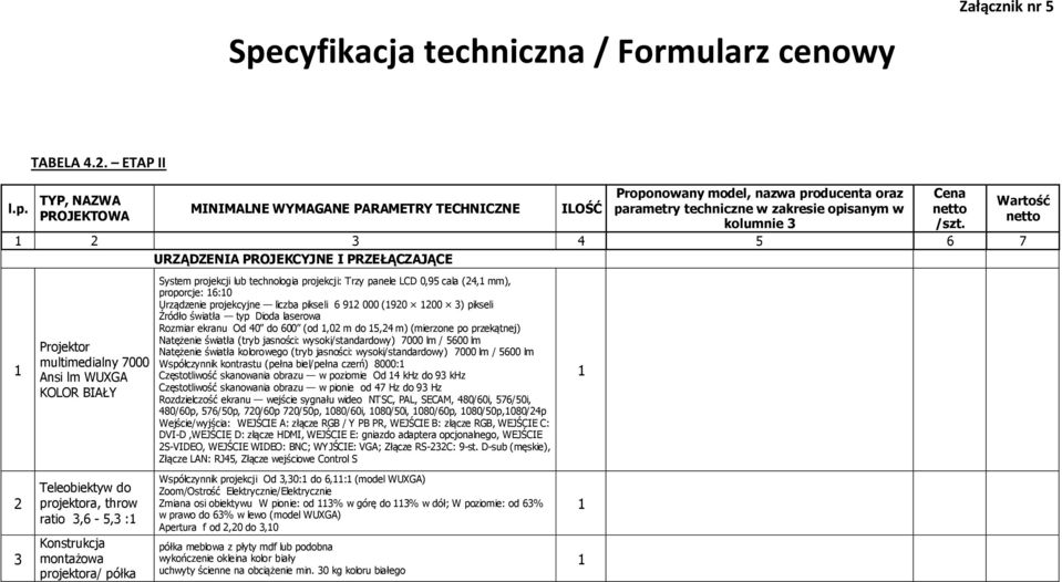 PROJEKCYJNE I PRZEŁĄCZAJĄCE 3 Projektor multimedialny 7000 Ansi lm WUXGA KOLOR BIAŁY Teleobiektyw do projektora, throw ratio 3,6-5,3 : Konstrukcja montażowa projektora/ półka System projekcji lub