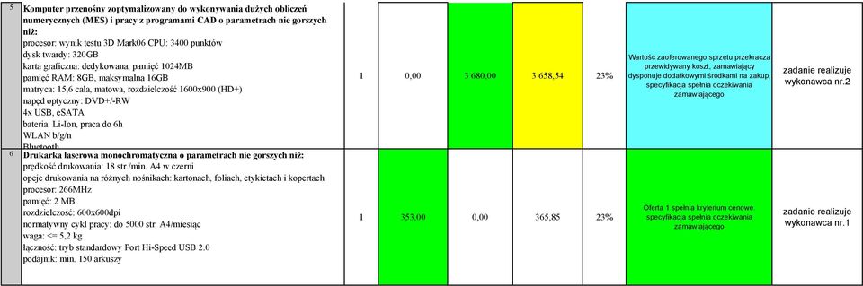 Li-Ion, praca do 6h WLAN b/g/n Bluetooth 6 Drukarka laserowa monochromatyczna o parametrach nie gorszych niż: prędkość drukowania: 18 str./min.