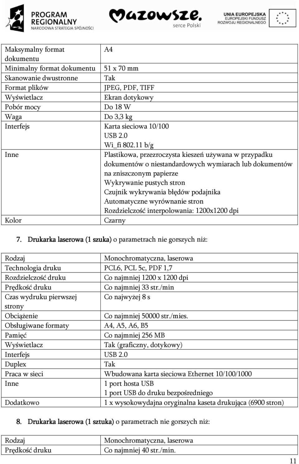 11 b/g Inne Plastikowa, przezroczysta kieszeń używana w przypadku dokumentów o niestandardowych wymiarach lub dokumentów na zniszczonym papierze Wykrywanie pustych stron Czujnik wykrywania błędów