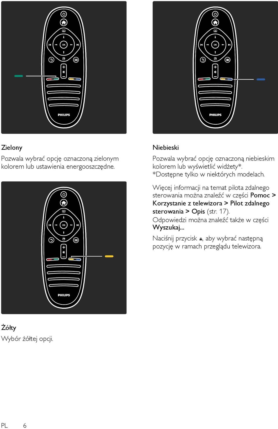 Więcej informacji na temat pilota zdalnego sterowania można znaleźć w części Pomoc > Korzystanie z telewizora > Pilot zdalnego