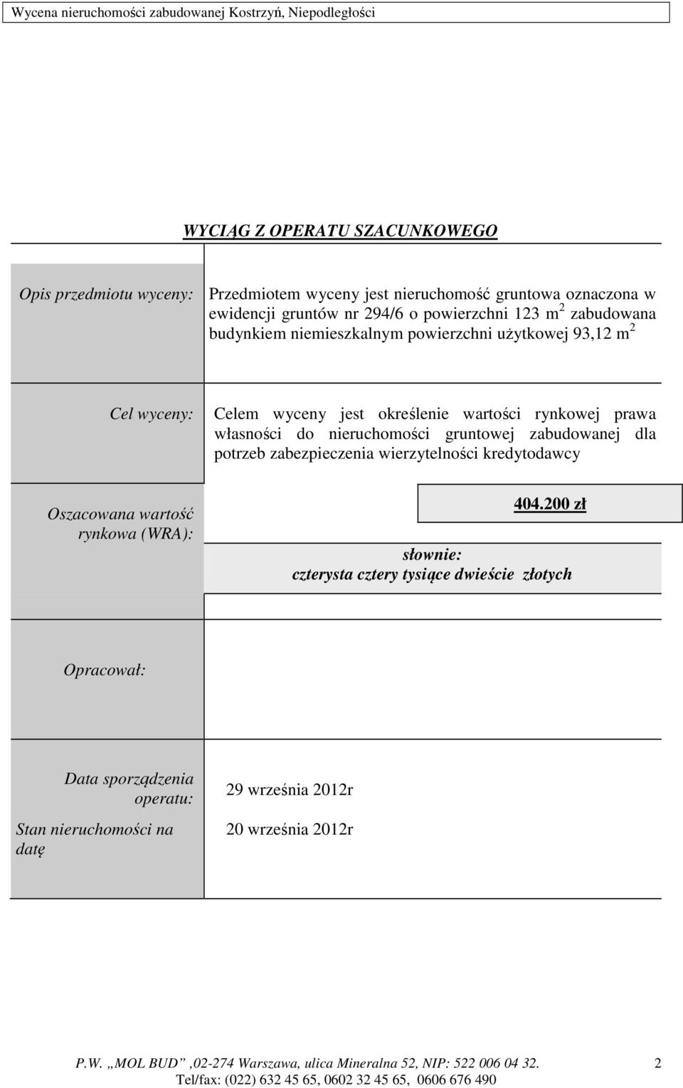 prawa własności do nieruchomości gruntowej zabudowanej dla potrzeb zabezpieczenia wierzytelności kredytodawcy Oszacowana wartość rynkowa (WRA): 404.