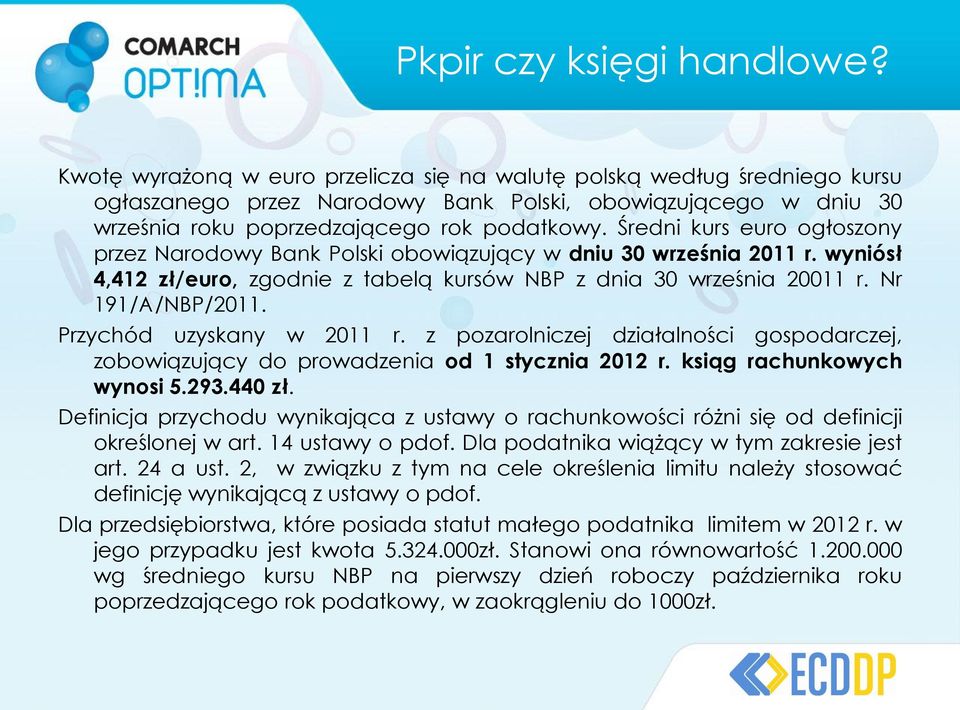 Średni kurs euro ogłoszony przez Narodowy Bank Polski obowiązujący w dniu 30 września 2011 r. wyniósł 4,412 zł/euro, zgodnie z tabelą kursów NBP z dnia 30 września 20011 r. Nr 191/A/NBP/2011.